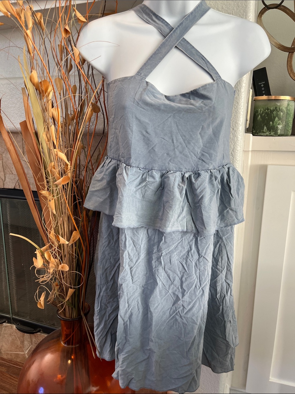 Chaser Light Blue Cross-Neck Peplum Mini Dress